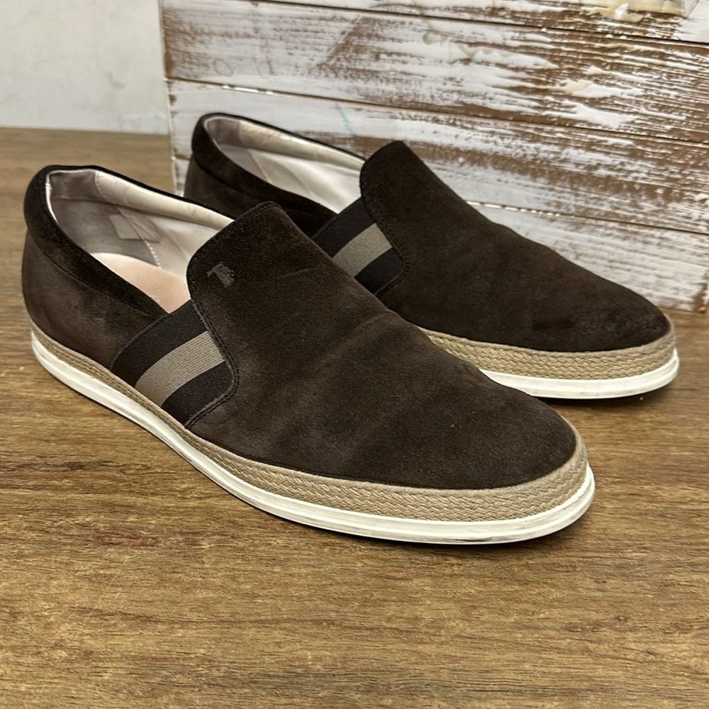 Tod's Brown Suede Slip-On Loafers with Webbed Stripes - Picture 2 of 10